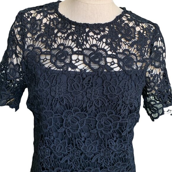 Nanette Lepore Black Guipure Lace Short Sleeve Top Sz L #17E - Picture 3 of 8
